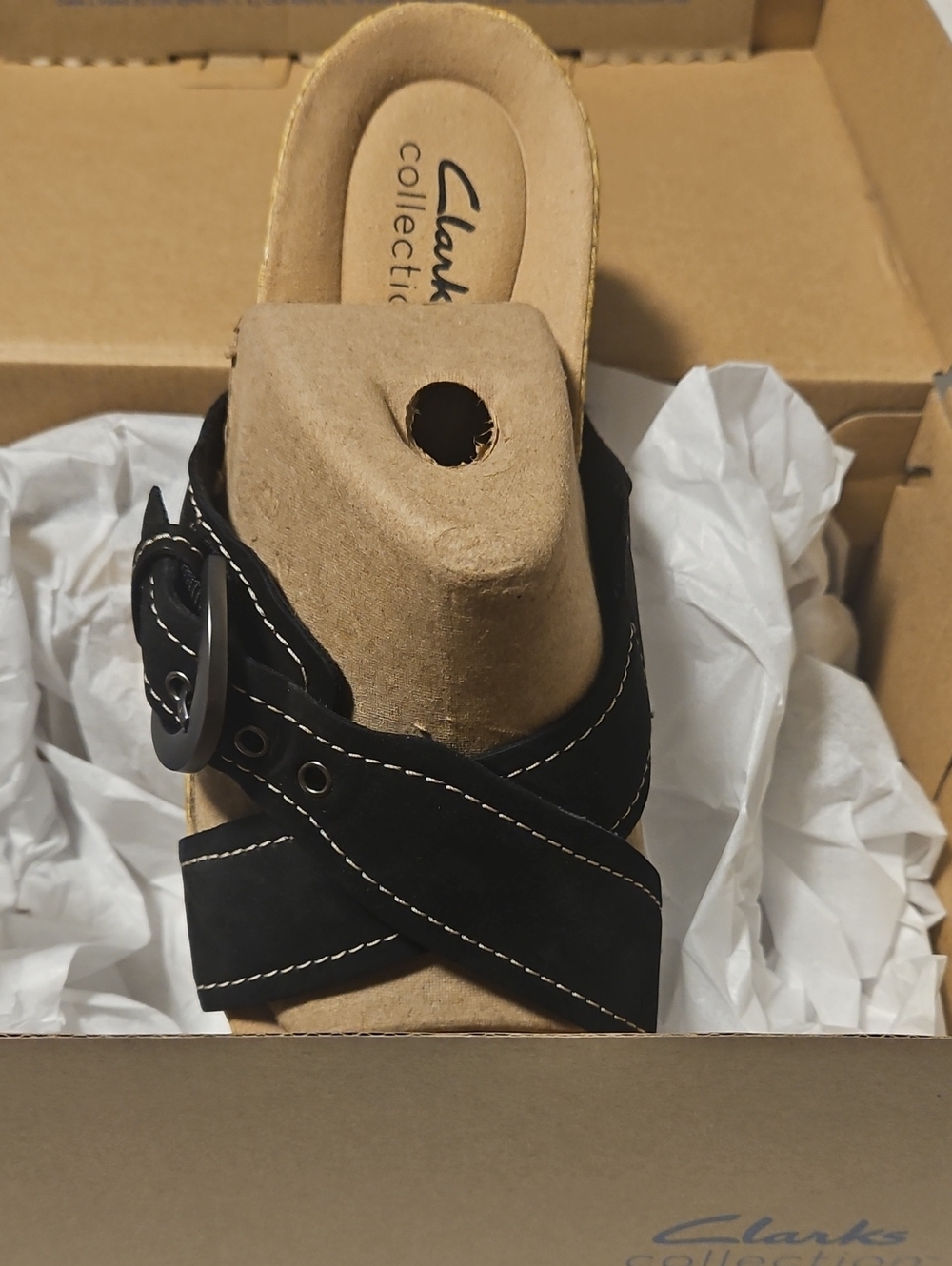 Clarks Ladies Black Suede Slide Sandal with White Stitching and Buckle